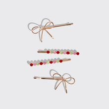 Load image into Gallery viewer, Holiday Gemstone and Bow Bobby Pins 4pc Set