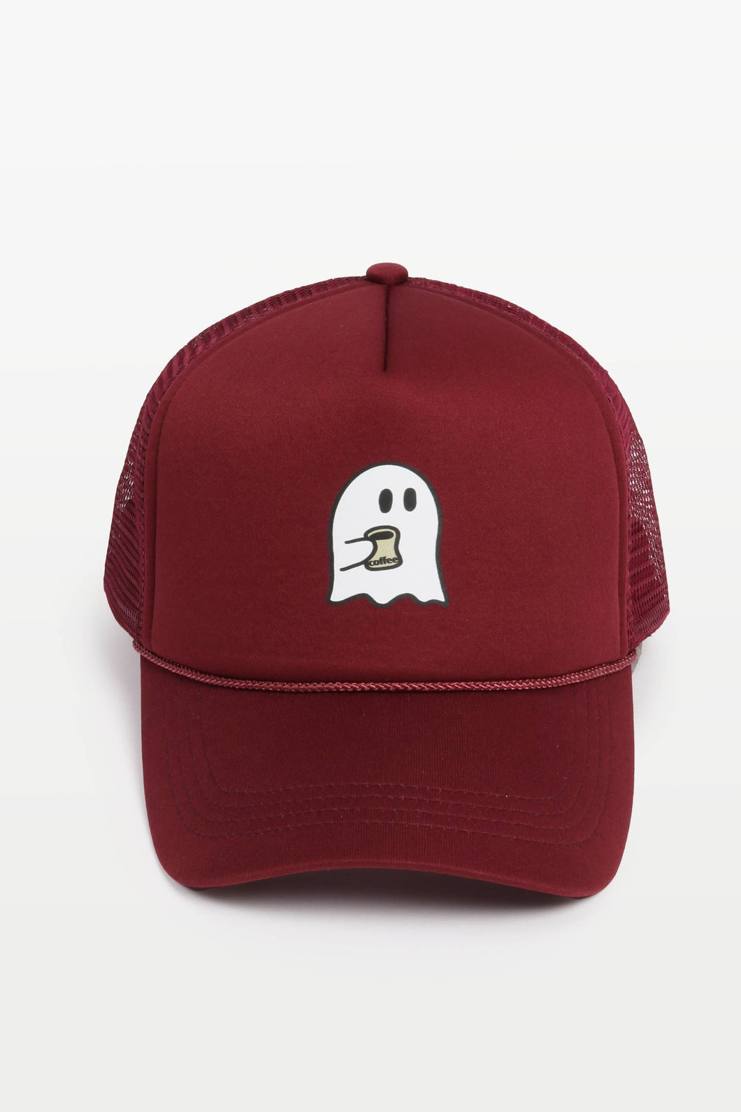 Halloween Coffee Ghost heat transferred on Trucker Hat
