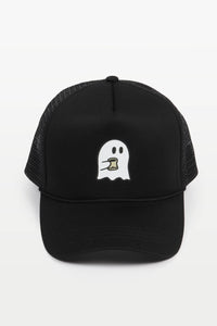Halloween Coffee Ghost heat transferred on Trucker Hat