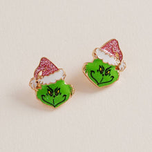 Load image into Gallery viewer, Glitter Christmas Green Monster Face Post Earrings

