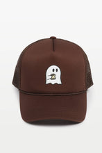 Load image into Gallery viewer, Halloween Coffee Ghost heat transferred on Trucker Hat
