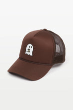 Load image into Gallery viewer, Halloween Coffee Ghost heat transferred on Trucker Hat
