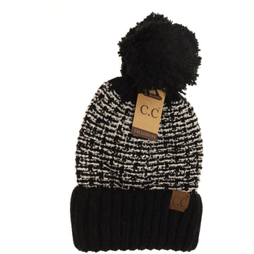 Tweed Knit Knit Pom Beanie - Black