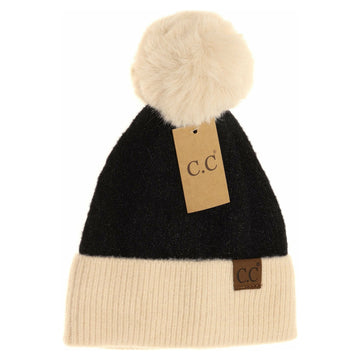 Colorblock Solid Faux Fur Pom Beanie