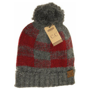 DOORBUSTER Fuzzy Lined Buffalo Check Print CC Pom Beanie