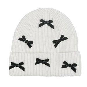 Mini Velvet Bow Cuff C.C Beanie - Ivory/Black