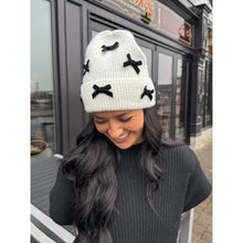 Load image into Gallery viewer, Mini Velvet Bow Cuff C.C Beanie - Ivory/Black
