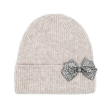 Load image into Gallery viewer, Rhinestone Bow Cuff C.C Beanie - Oatmeal
