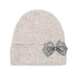 Rhinestone Bow Cuff C.C Beanie - Oatmeal