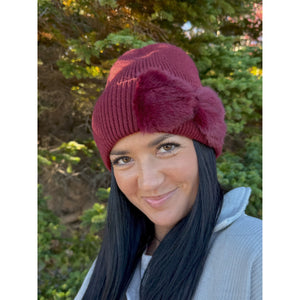 Faux Fur Ribbon C.C Beanie - Burgundy