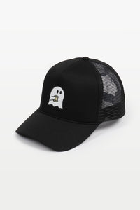 Halloween Coffee Ghost heat transferred on Trucker Hat