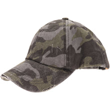 Load image into Gallery viewer, Washed Denim Criss-Cross High Ponytail CC Ball Cap - Black Camo
