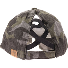 Load image into Gallery viewer, Washed Denim Criss-Cross High Ponytail CC Ball Cap - Black Camo
