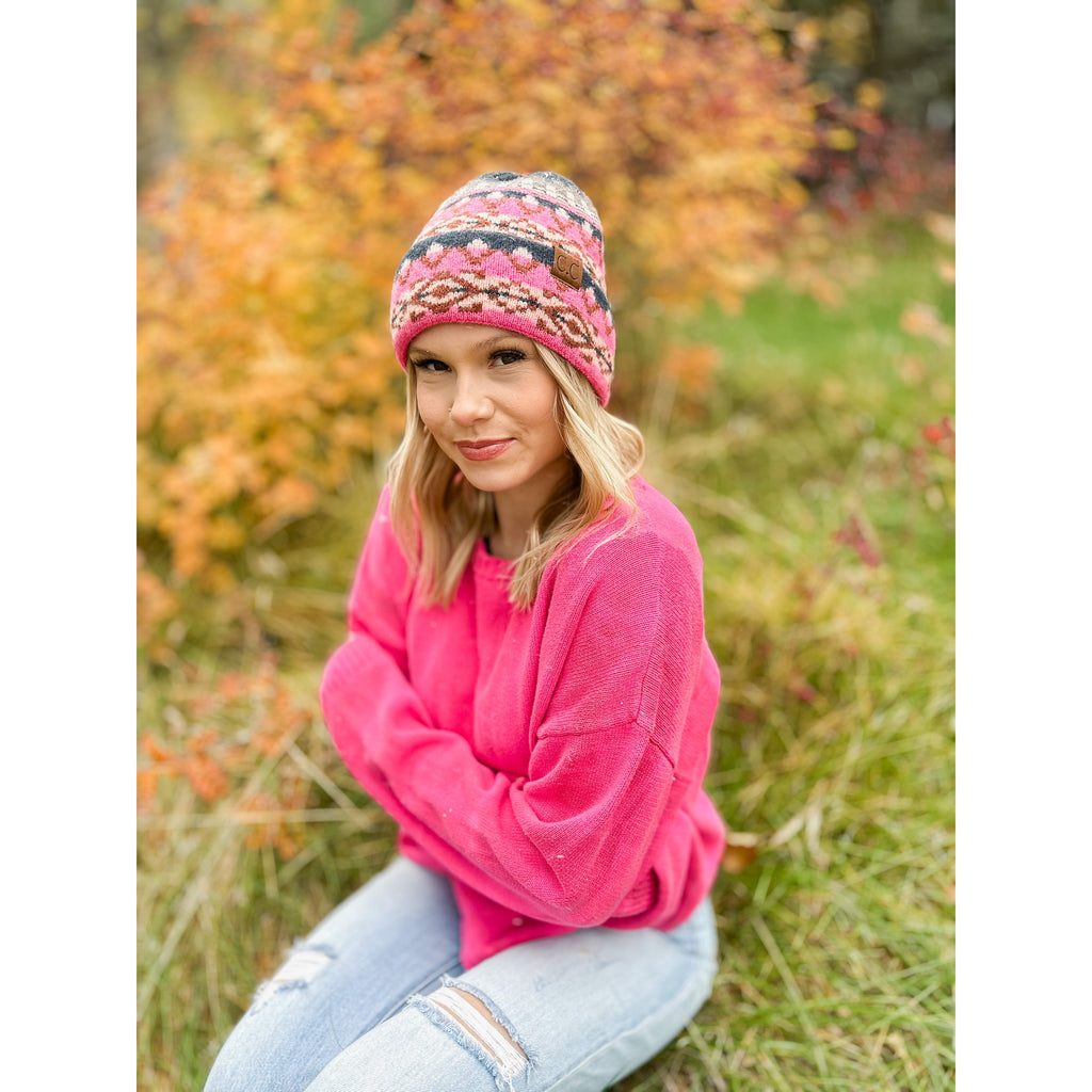 Aztec Pattern Cuff C.C Beanie - NAVY
