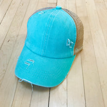 Load image into Gallery viewer, Kids CrissCross High Ponytail Hat, Distressed AQUA
