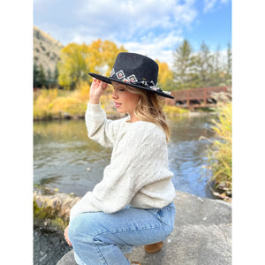 Aztec Trim Band Vegan Fabric C.C Panama Hat - HEATHER BLACK