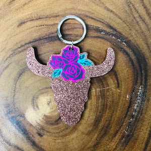 Floral Bull Skull Keychain