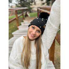 Load image into Gallery viewer, Pearl Embellished Faux Fur Pom C.C Beanie - Black
