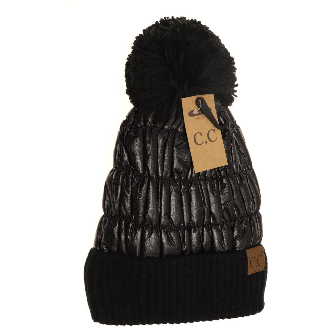 Metallic Knit Pom Beanie - Black