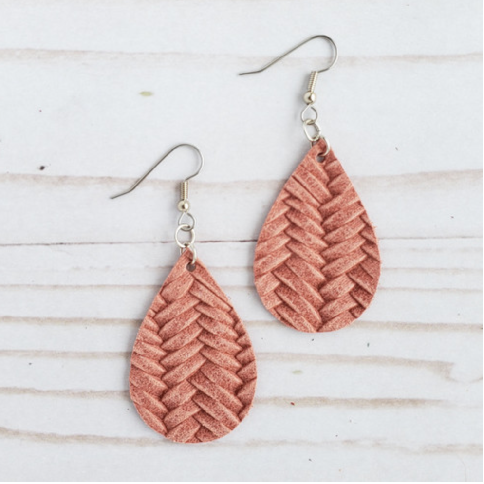 Mini Dusty Pink Braided Leather Teardrop Earrings