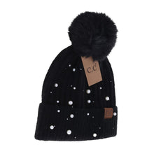 Load image into Gallery viewer, Pearl Embellished Faux Fur Pom C.C Beanie - Black
