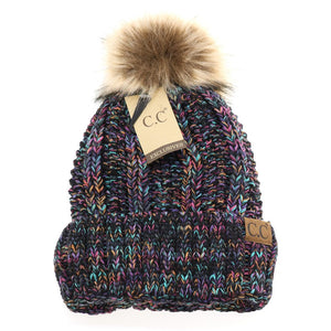 Fuzzy Lined Black Multi Fur Pom Beanie